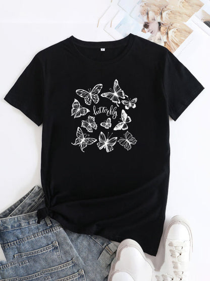 Black butterfly print round neck short sleeve T-shirt