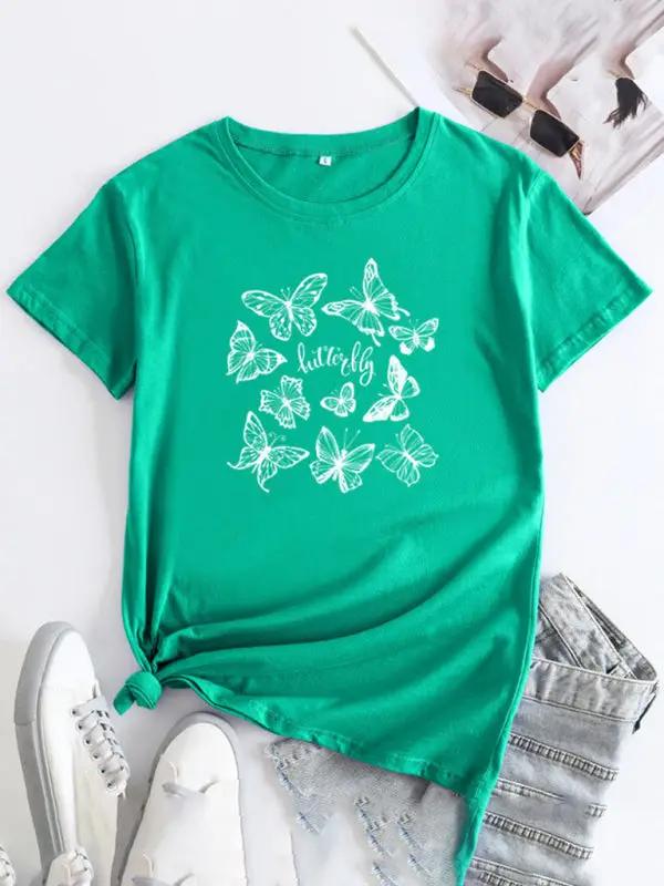Teal butterfly print round neck short sleeve T-shirt