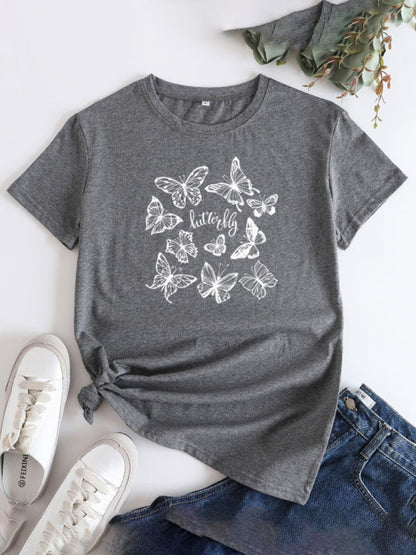 Gray butterfly print round neck short sleeve T-shirt