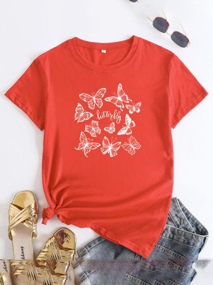 Red butterfly print round neck short sleeve T-shirt
