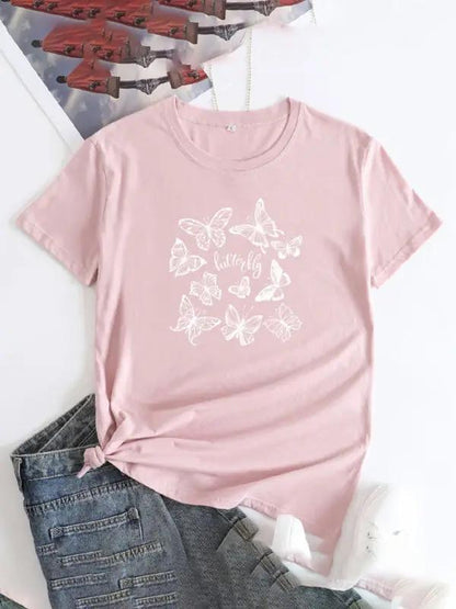 Light pink butterfly print round neck short sleeve T-shirt
