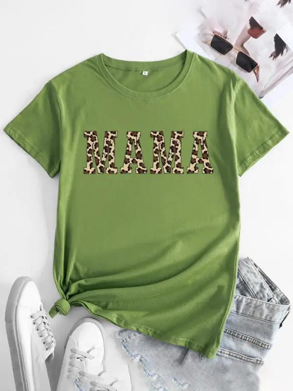 T-shirt à manches courtes et col rond imprimé MAMA pour femmes 