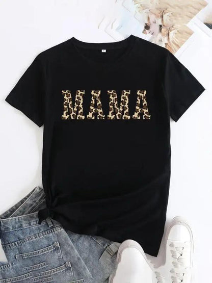 Black MAMA printed round neck short sleeve T-shirt