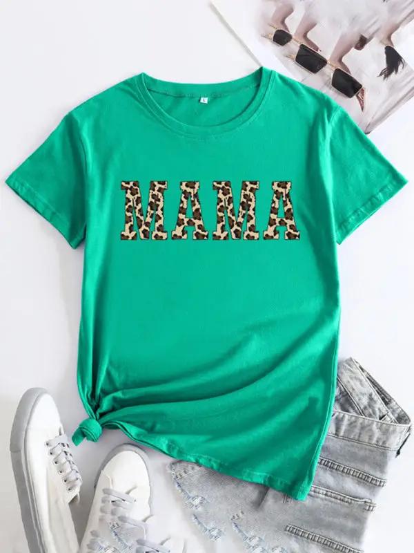T-shirt à manches courtes et col rond imprimé MAMA pour femmes 