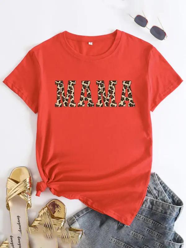 Red MAMA printed round neck short sleeve T-shirt
