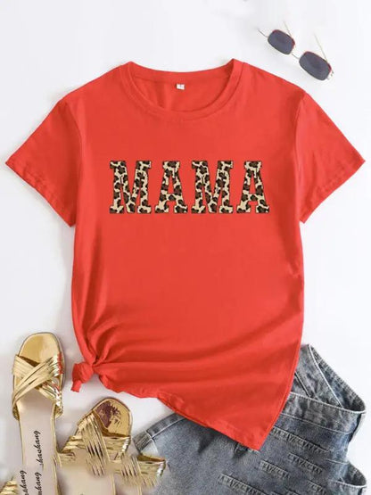 Red MAMA printed round neck short sleeve T-shirt