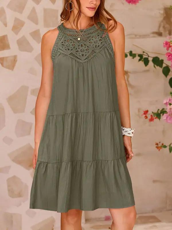 Green lace halter neck vest dress
