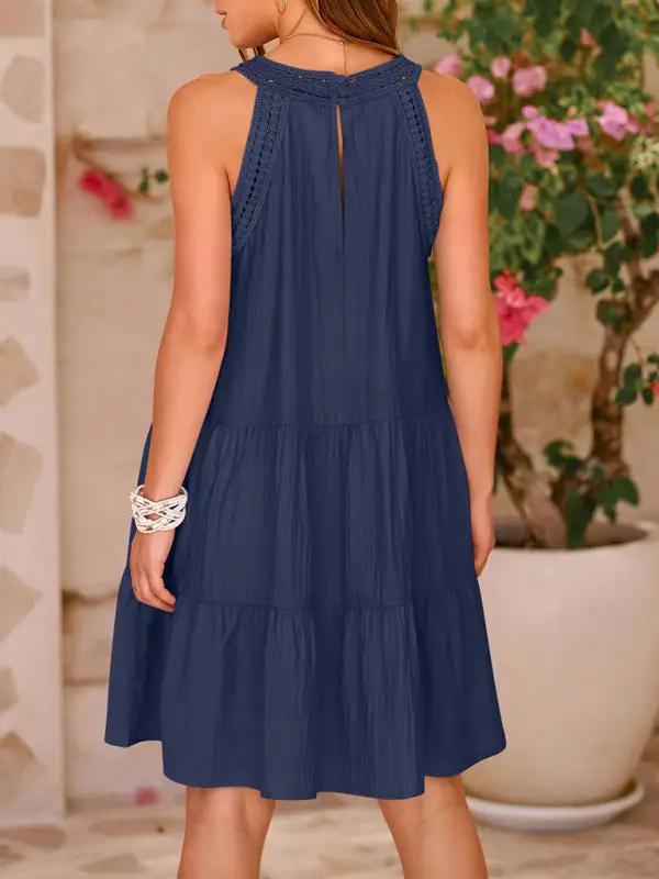 Back view navy lace halter neck dress