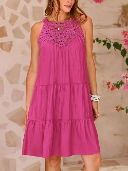 Front view pink lace halter neck dress