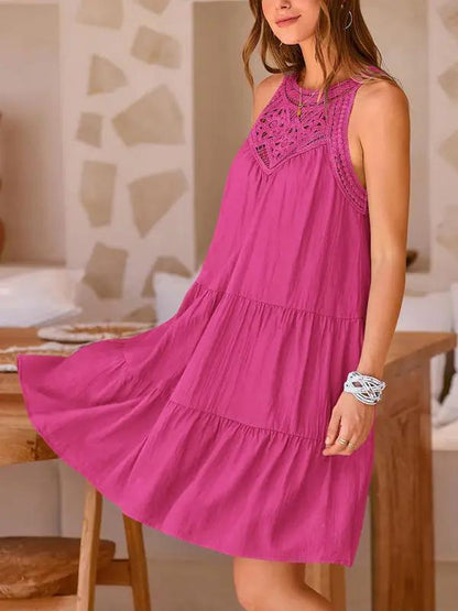 Side view pink lace halter neck dress