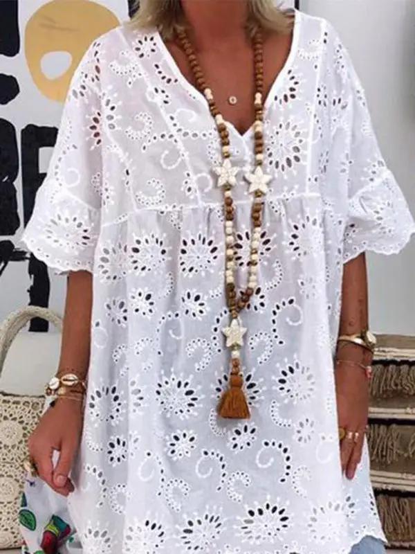 White V-neck hollow embroidered blouse front view