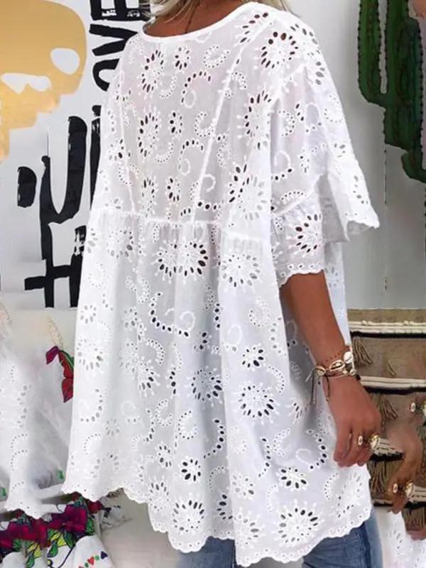 White V-neck hollow embroidered blouse back view