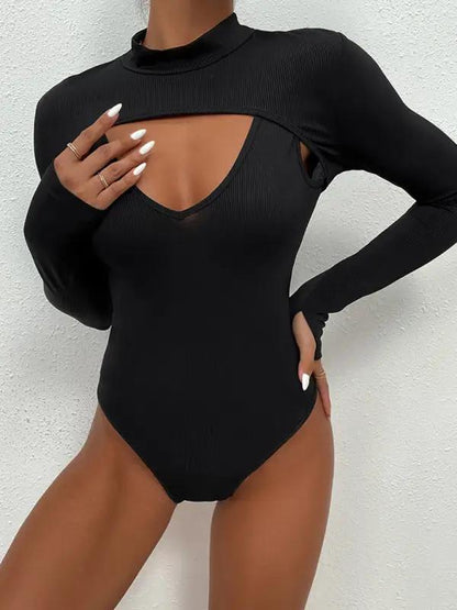 Sexy Fake Two-Piece Skinny Hollow Black Onesie