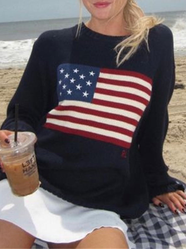 Loose American Flag Knit Long Sleeve Sweater