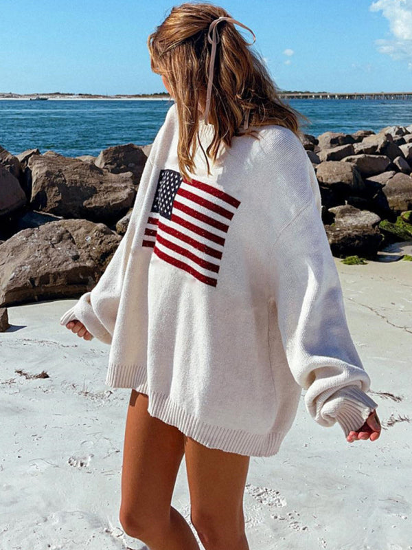 Lockerer, langärmliger Strickpullover mit amerikanischer Flagge 