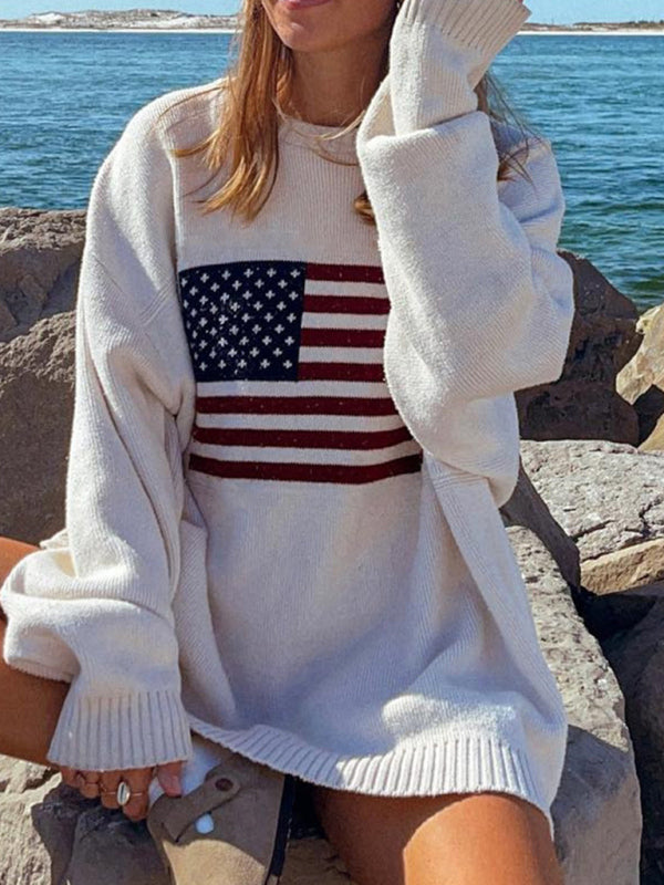 Pull ample à manches longues en tricot avec drapeau américain 