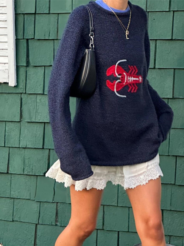Loose Lobster Embroidered Animal Sweater