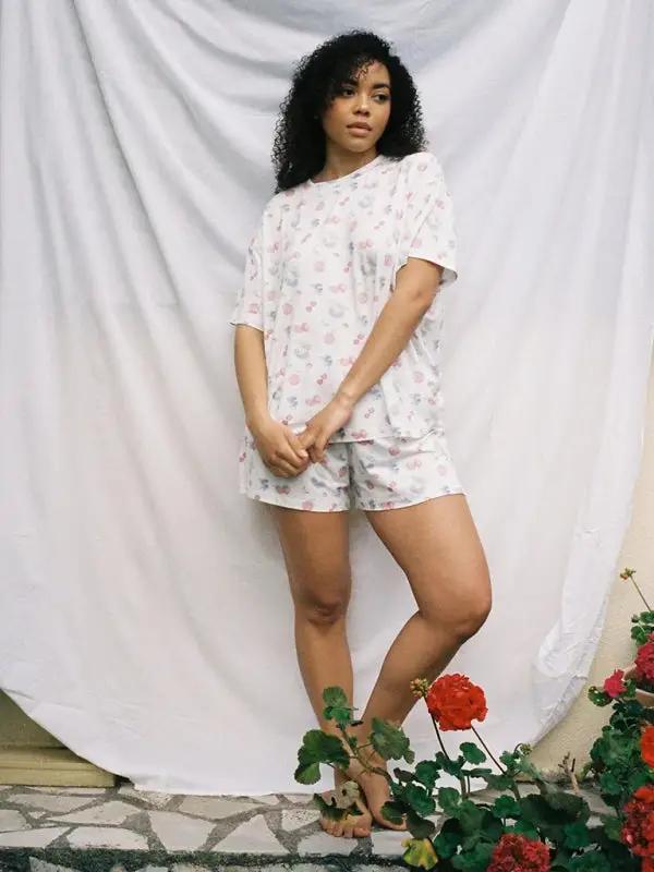 Woman in printed short-sleeved pajamas set