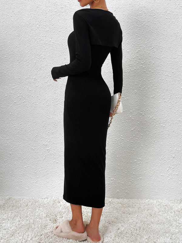 Robe élégante à manches longues pour femmes, nouveau style, couleur unie, bretelles 