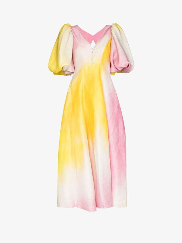 Robe colorée à manches lanternes, nouvelle mode, col en v 