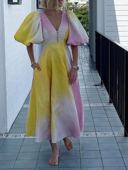 Robe colorée à manches lanternes, nouvelle mode, col en v 