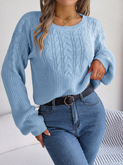 New casual twist stitching lantern sleeve pullover sweater