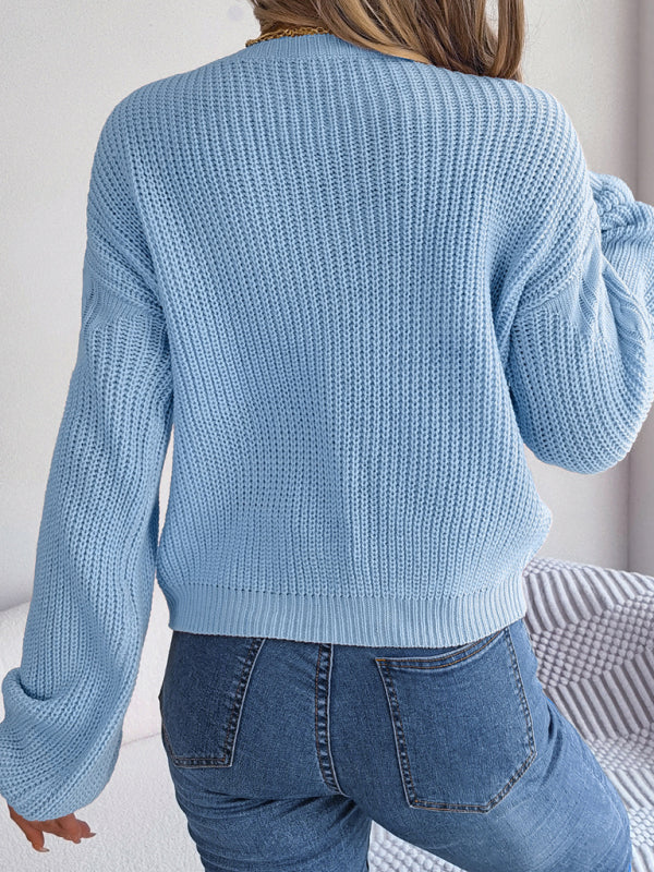 New casual twist stitching lantern sleeve pullover sweater