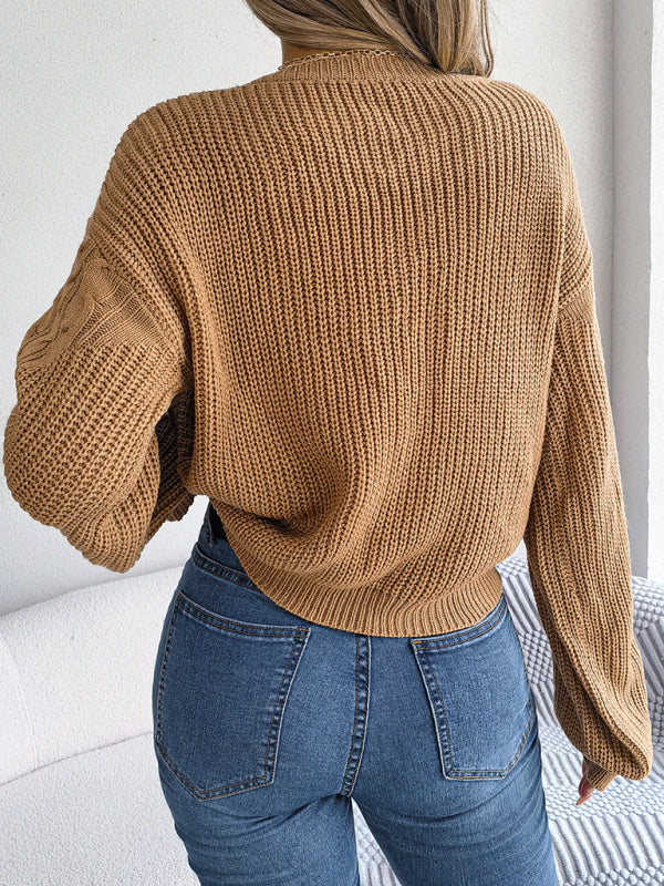 New casual twist stitching lantern sleeve pullover sweater