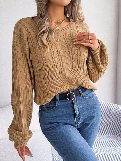 New casual twist stitching lantern sleeve pullover sweater