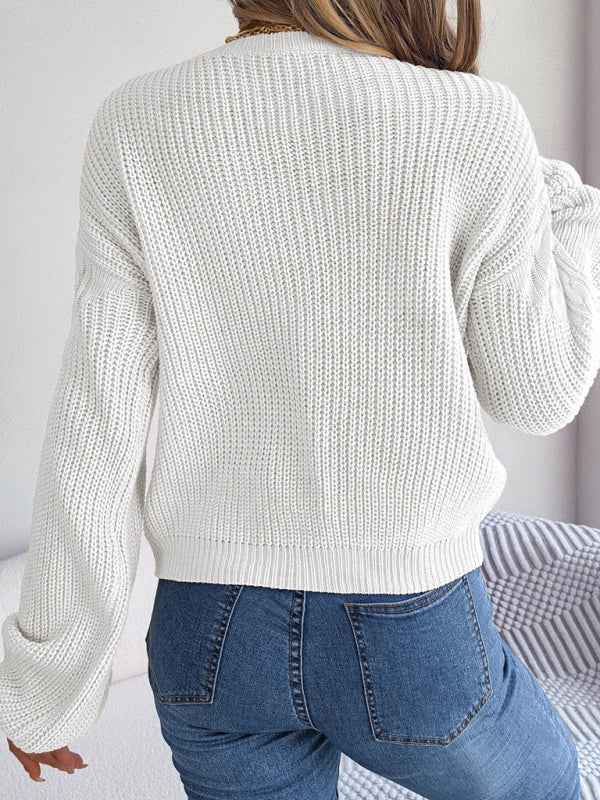 New casual twist stitching lantern sleeve pullover sweater