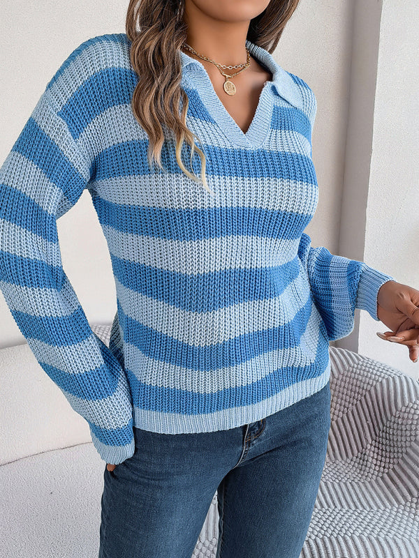 Casual Lapel Collar Contrast Stripe Long Sleeve Knit Pullover