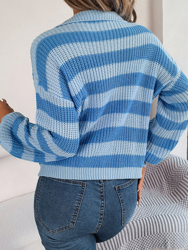 Casual Lapel Collar Contrast Stripe Long Sleeve Knit Pullover