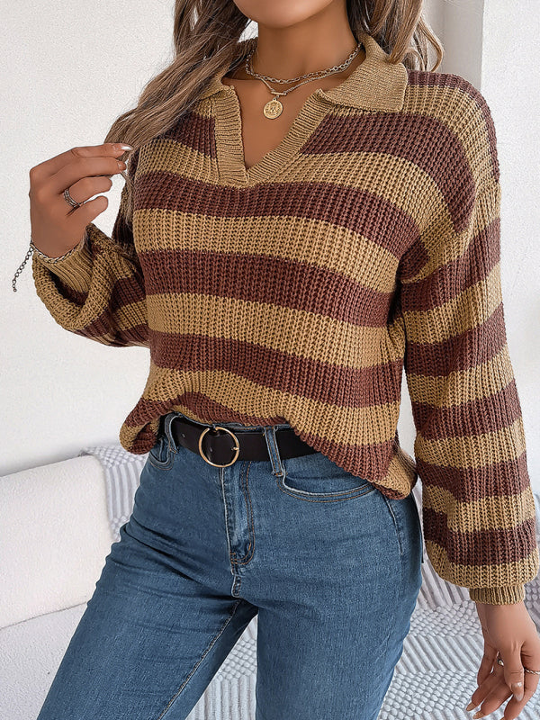 Casual Lapel Collar Contrast Stripe Long Sleeve Knit Pullover