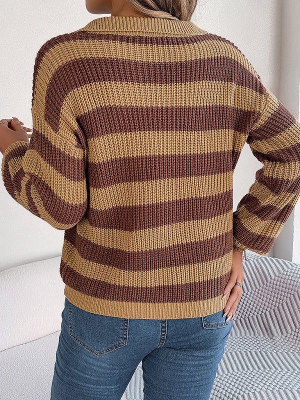 Casual Lapel Collar Contrast Stripe Long Sleeve Knit Pullover