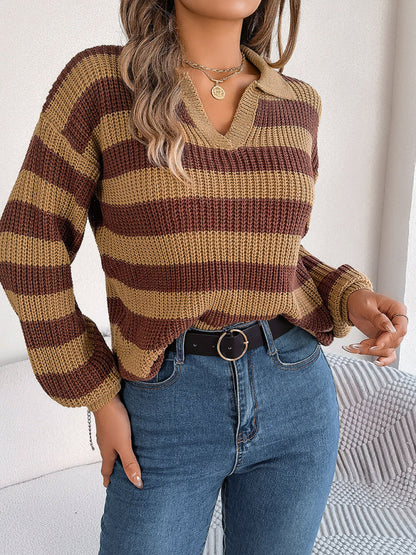 Casual Lapel Collar Contrast Stripe Long Sleeve Knit Pullover