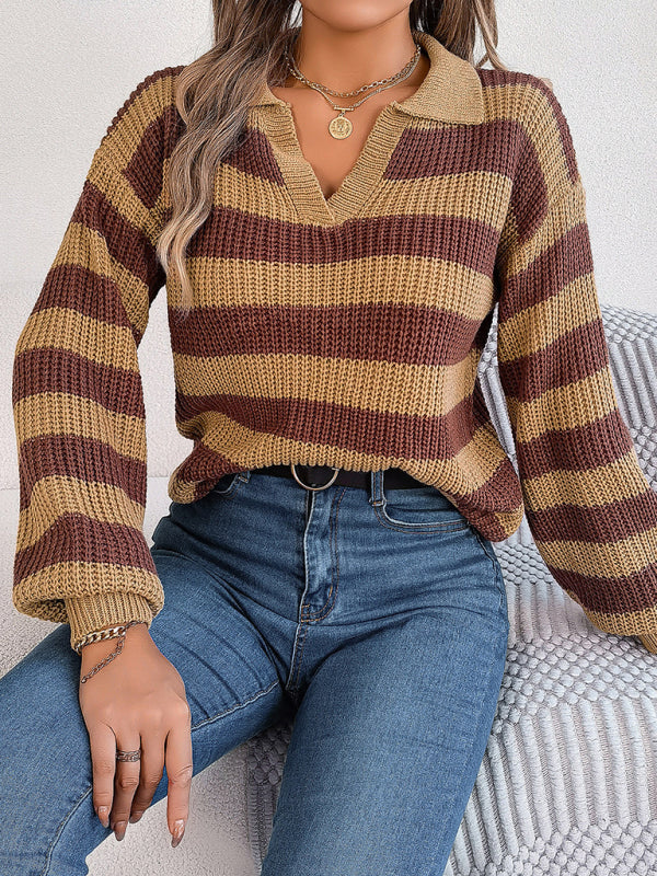 Lässiger langärmliger Strickpullover mit Reverskragen und Kontraststreifen 