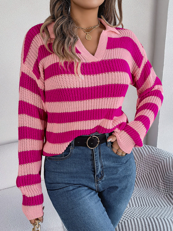 Casual Lapel Collar Contrast Stripe Long Sleeve Knit Pullover