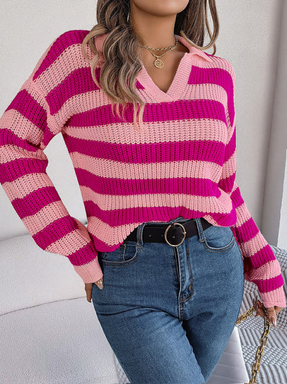 Casual Lapel Collar Contrast Stripe Long Sleeve Knit Pullover