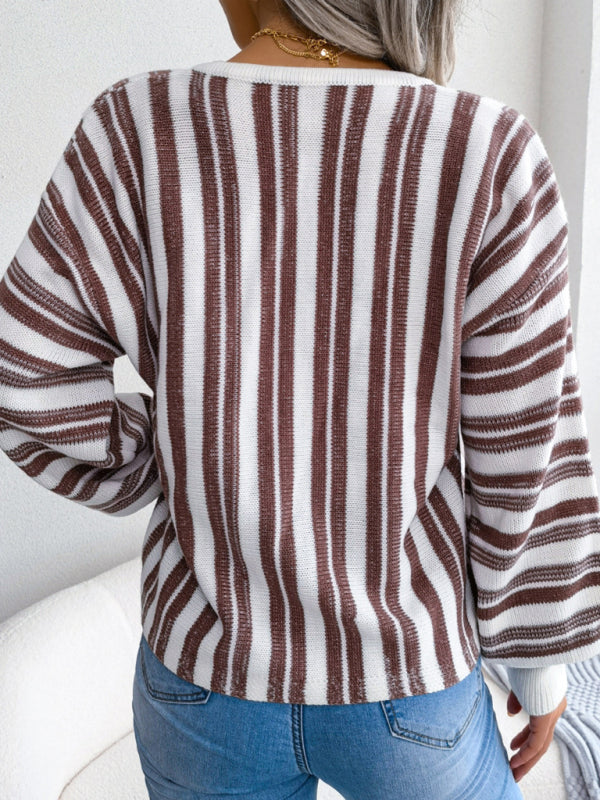 Lässiger Pullover mit Farbkontraststreifen, Krawatte und Laternenärmeln 