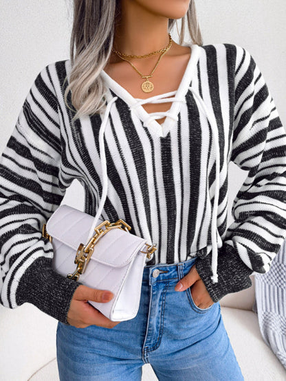 Casual Color Contrast Stripe Tie Lantern Sleeve Pullover Sweater