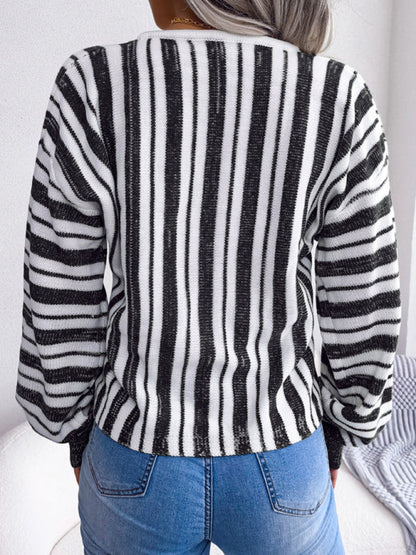 Casual Color Contrast Stripe Tie Lantern Sleeve Pullover Sweater