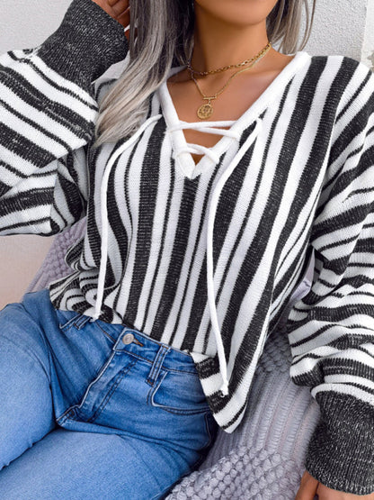 Casual Color Contrast Stripe Tie Lantern Sleeve Pullover Sweater