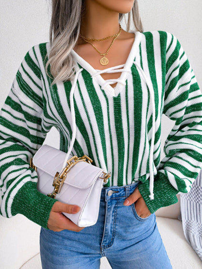 Casual Color Contrast Stripe Tie Lantern Sleeve Pullover Sweater