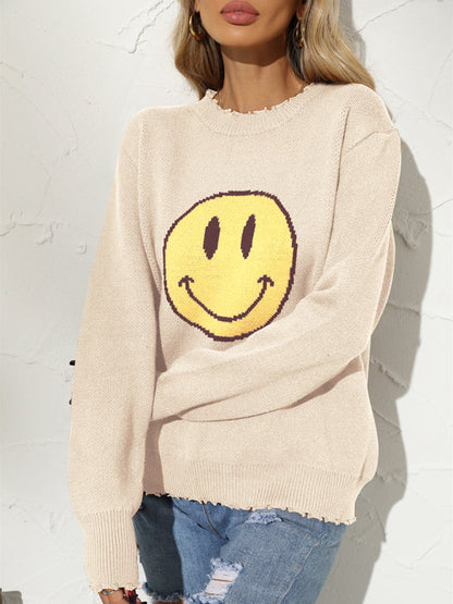 Neuer, lockerer Smile-Strickpullover mit Rundhalsausschnitt 