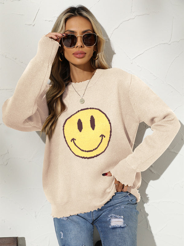 Nouveau Pull en tricot à col rond avec sourire ample 