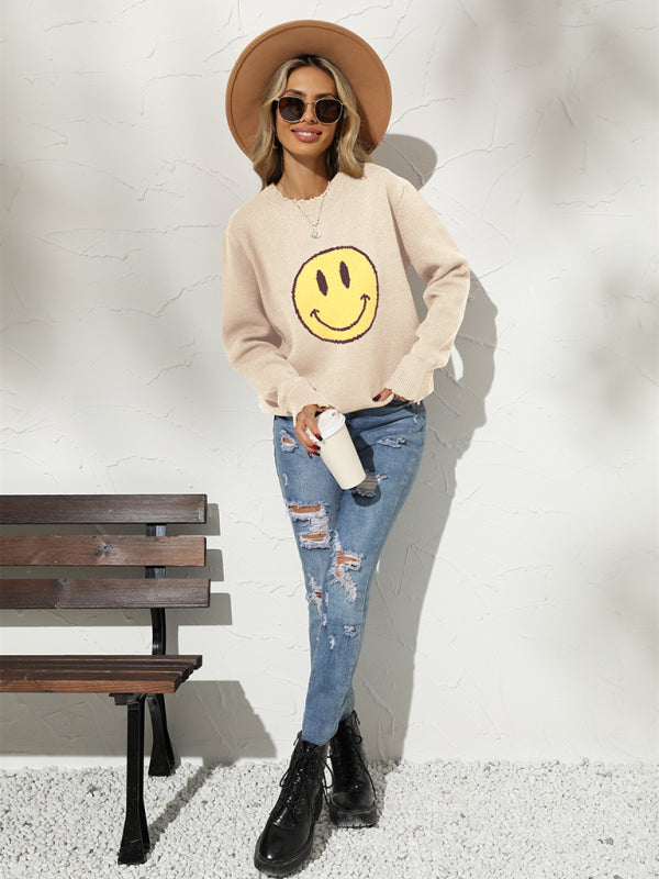 Nouveau Pull en tricot à col rond avec sourire ample 