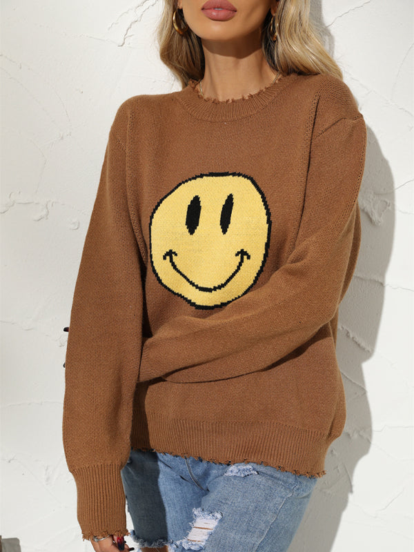 Neuer, lockerer Smile-Strickpullover mit Rundhalsausschnitt 