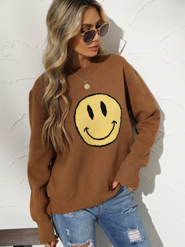 Neuer, lockerer Smile-Strickpullover mit Rundhalsausschnitt 