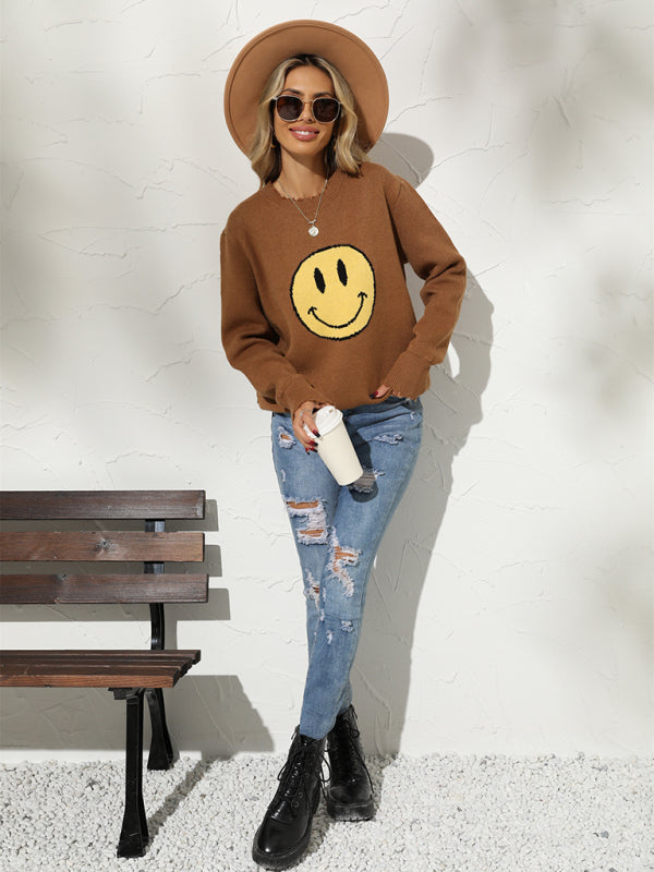 Neuer, lockerer Smile-Strickpullover mit Rundhalsausschnitt 