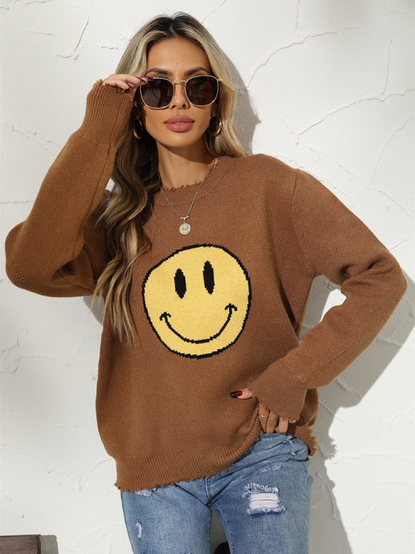 Nouveau Pull en tricot à col rond avec sourire ample 